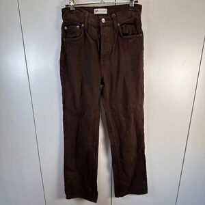 ZARA Women 2 Chocolate Brown Straight Leg Button Fly High Rise Textured Jeans